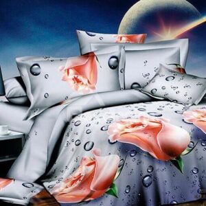 Romantic Rose and Water Drops Print 4-Piece Polyester Duvet Cover Sets