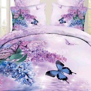 Charming Butterfly and Purple Flower Print 4-Piece 100% Cotton Duvet Cover Sets
