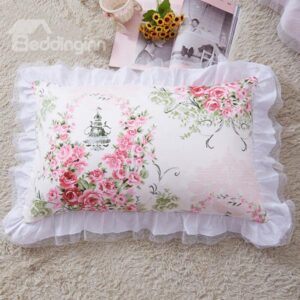 White Border a Pair of Pink Rose Surround Cinderella Pattern Cotton Pillow Case