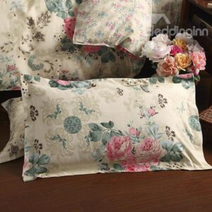 Pastoral Style Pink Flower Green Branches Pattern Beige 2-Piece Pillow Cases