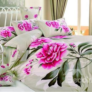 Elegant Pink Flower Print 4-Piece Cotton Duvet Cover Sets