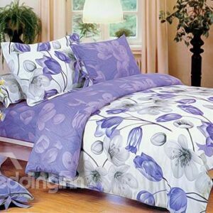 Fragrant Blue and White Flower Print 4-Piece Cotton Duvet Cover Sets