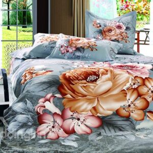 Magnificent Blooming Flower Print 4-Piece Cotton Duvet Cover Sets