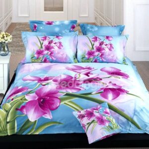 Flower and Blue Water Print 4-Piece Cotton Duvet Cover Sets