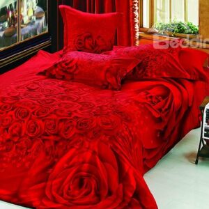 Forever Love Red Roses Print 4-Piece Cotton Duvet Cover Sets
