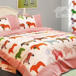 Super Cute Horse Print 3-Piece Cotton Kids Duvet Cover Sets