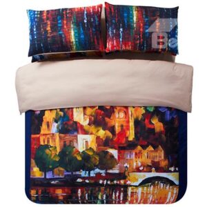 Alluring City by the River Scenery Oil Painting 4-Piece Duvet Cover Sets