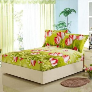 Red Tulip Green Plants Pattern Ultra Comfortable Plush Fitted Sheet