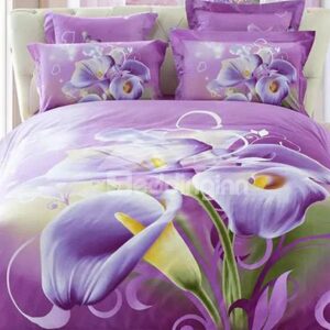 Purple Calla Lily Print 4-Piece Cotton Duvet Cover Sets