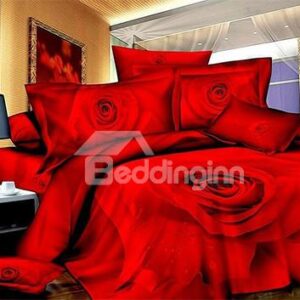 Forever Love Red Rose Print 4-Piece Cotton Duvet Cover Sets