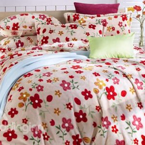 Pretty Pink Floral Print 4-Piece Soft Coral Fleece Duvet Cover Sets