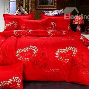 Loving Heart and Rose Print 4-Piece Princess Cotton Duvet Cover Sets