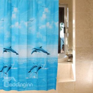 Dynamic Jumping Dolphin Print Blue Shower Curtain