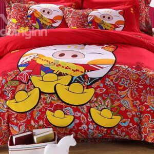 Lucky Pig Print 4-Piece 100% Cotton Duvet Cover Sets