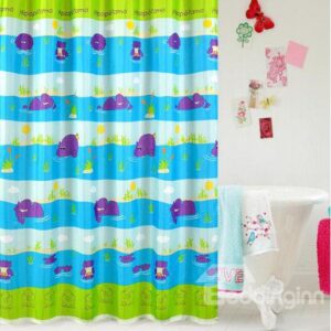 High Quality Cartoon Hippo Print Shower Curtain