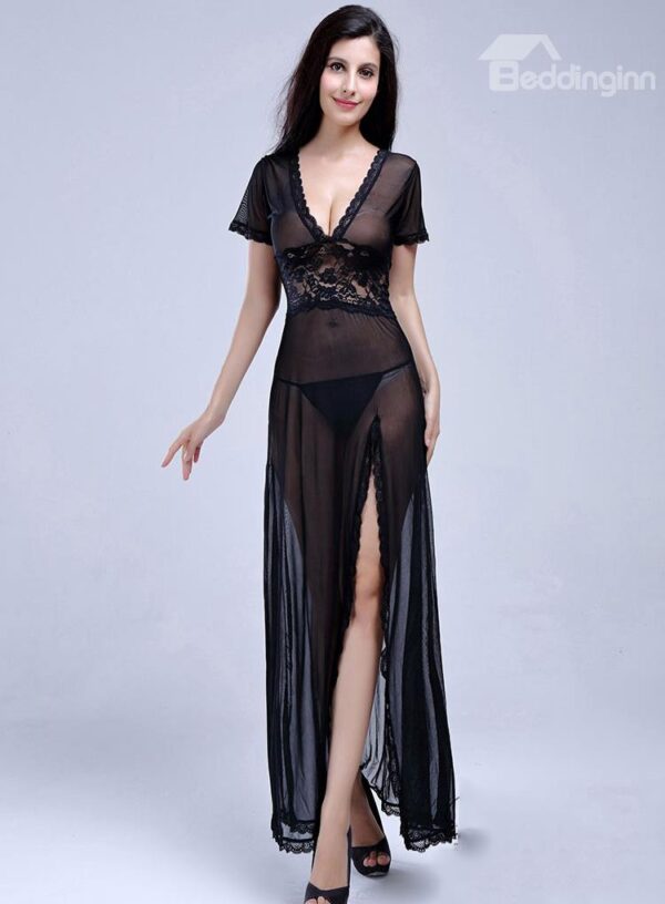 Sexy Black Lace Open V Back Nightgown