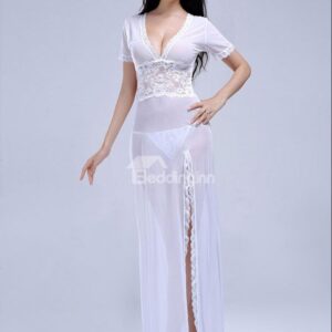Pure White Lace Open V Front And Back Nightgown