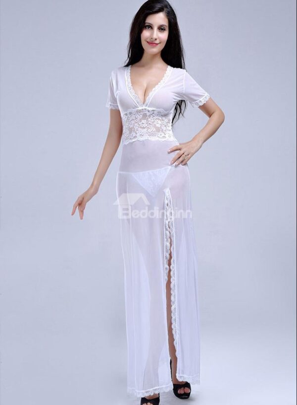 Pure White Lace Open V Front And Back Nightgown
