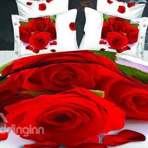 Romantic Red Roses Print 4-Piece Cotton Duvet Cover Sets