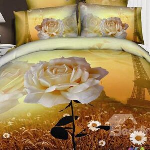 Charming Rose and Eiffel Tower Print 4-Piece Cotton Duvet Cover Sets