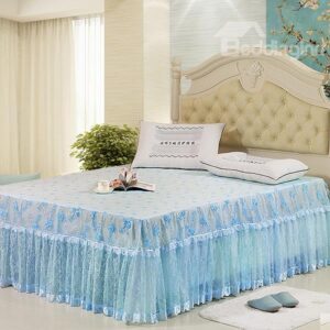 Fresh and Cool Sky Blue China Rose Lace Border Soft and Comfortable Bed Skirt