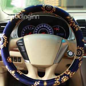Beautiful Golden Flowers Pattern Royal Blue Pleuche Steering Wheel Cover