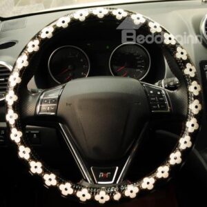 Fresh Cool White Flowers Pattern Black Steering Wheel Cover