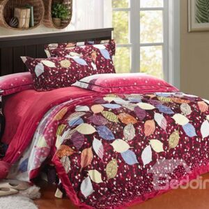 Colorful Leaves and Polka Dot Print 4-Piece Coral Fleece Duvet Cover Sets