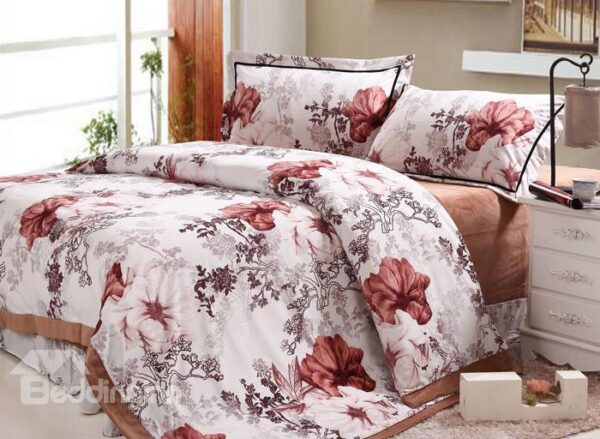 Amazing Red Flower Print 4-Piece Coral Fleece Duvet Cover Sets