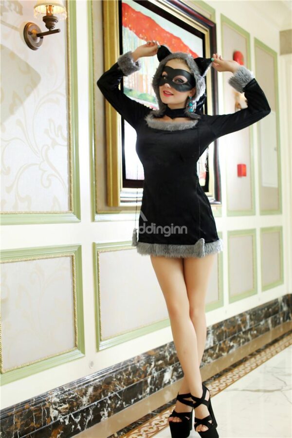 Sexy Black Fox Dress Fur Edged Costume