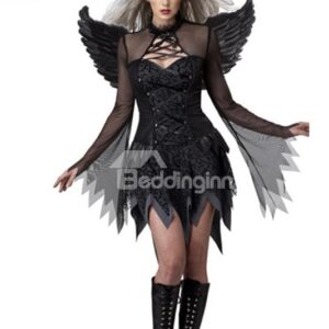 Vivid Sheer Sleeves Black Angel With Wings Costume
