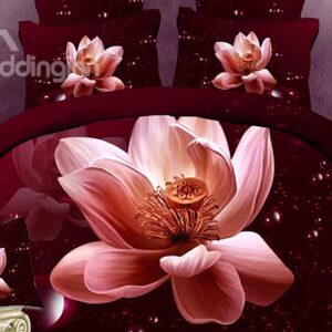 Elegant Blooming Water Lily Print 4-Piece Cotton Duvet Cover Sets
