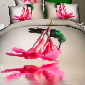 Green Hummingbird and Flower Print 4-Piece Cotton Duvet Cover Sets