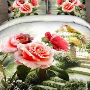 Beautiful Rose Garden Print 4-Piece Cotton Duvet Cover Sets