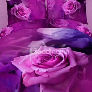 Purple Rose Flower Oil Painting 4-Piece Cotton Duvet Cover Sets