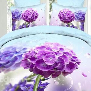 Delicate Purple Hydrangea Print 4-Piece Cotton Duvet Cover Sets