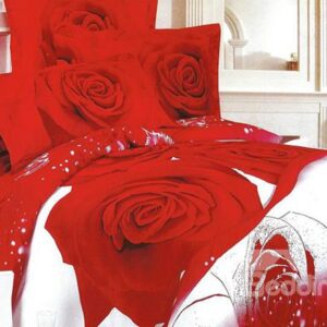 Noble Red Rose Print 4-Piece Cotton Duvet Cover Sets