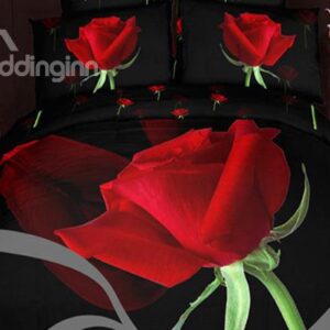 Attractive Red Rose Print 4-Piece Cotton Duvet Cover Sets