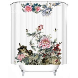 Chinoiserie Fancy Butterfly Peony Print Shower Curtain