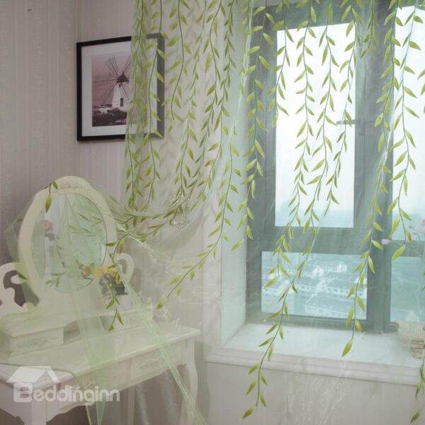 New Arrival Fresh Green Leaves Pattern Custom Sheer Curtain