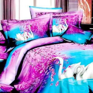 Purple Flower and White Swan Print 4-Piece 100% Cotton Duvet Cover Sets