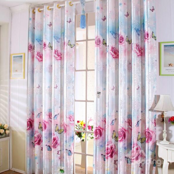 New Arrival High Quality Butterfly Flower Print Grommet Top Curtain