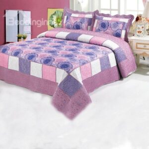 Grid Designed and Graceful Purple Flowers Printed Flocking Bed in a Bag