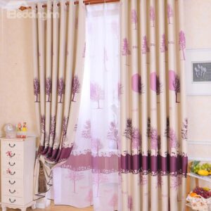 Duplex Printing Purple Color Tree Pattern Blackout Grommet Top Curtain