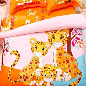 Leopard Family Print 4-Piece Natural Cotton Duvet Cover Sets