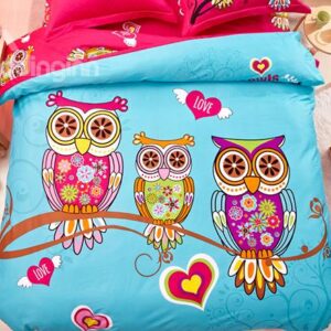 Family of Little Owls Print 4-Piece Natural Cotton Duvet Cover Sets