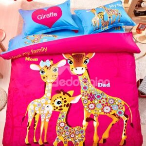 Beautiful Giraffe Family Print 4-Piece Natural Cotton Duvet Cover Sets