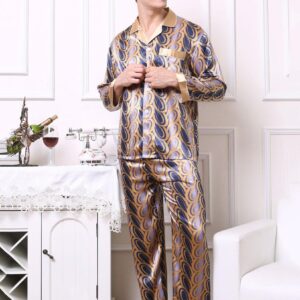 Dark Blue And Golden Mix Contra Edged Cuff And Collar Artificial Silk Pajama Set