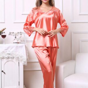 Cute Bowtie And Lace Cuffs Ruffled Bust Artificial Silk Pajama Set
