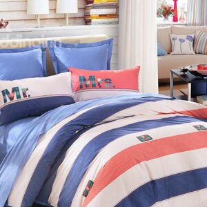 Mr&Mrs Stripe Pattern 4-Piece Cotton Duvet Cover Sets